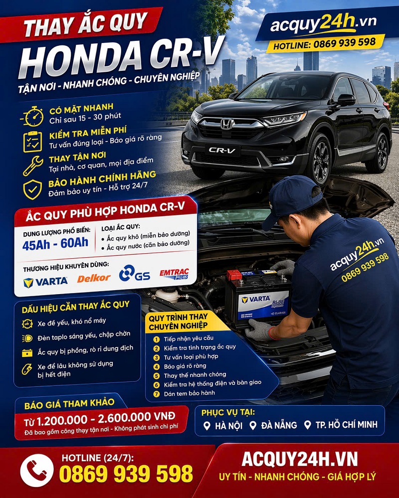 Thay ắc quy xe honda CRV 24/7 tại Hà Nội, Hồ Chí Minh, Đà Nẵng