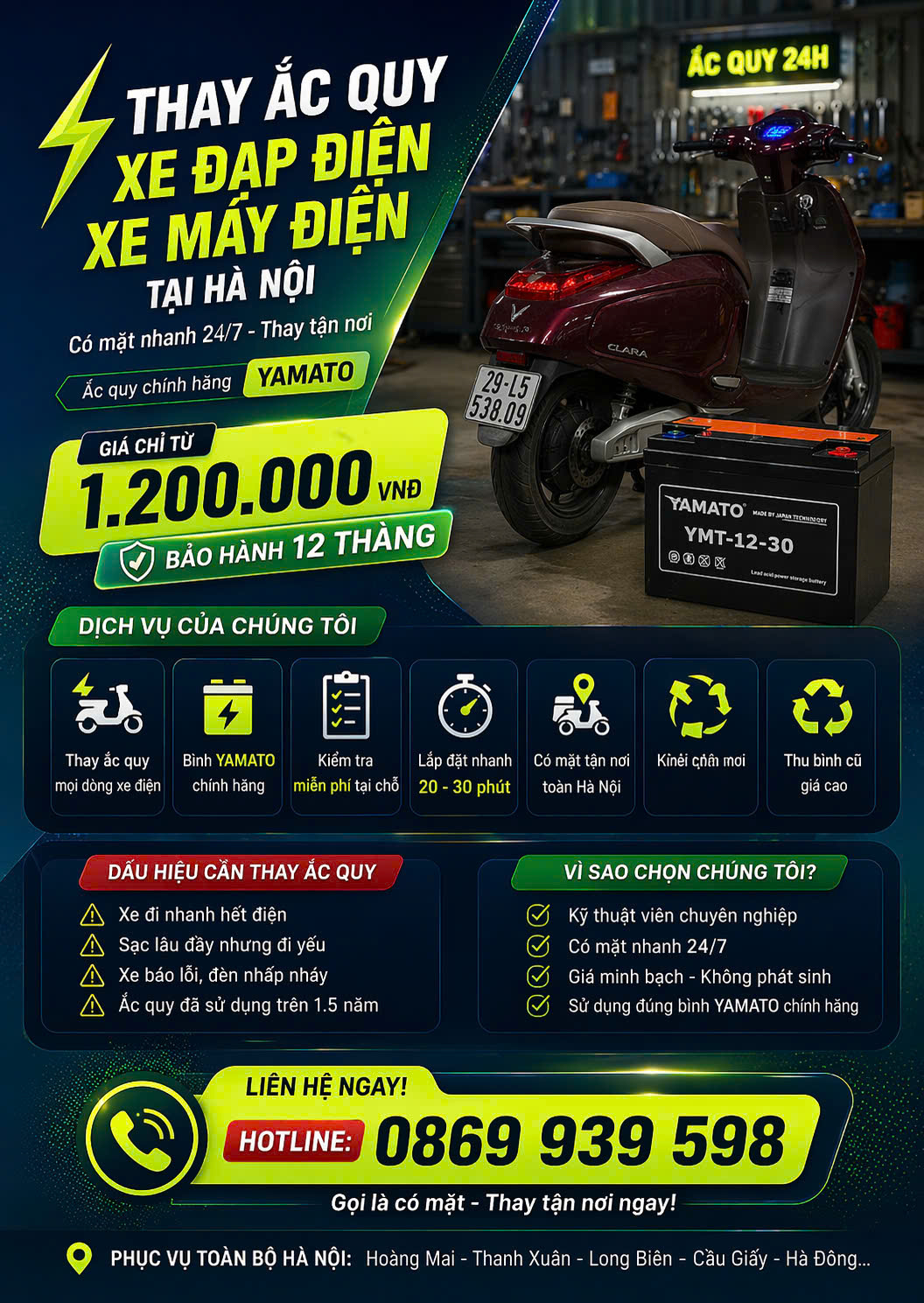 Thay ắc quy xe đạp điện, xe máy điện Hà Nội, tận nơi 24/7, nhanh chóng, chuyên nghiệp