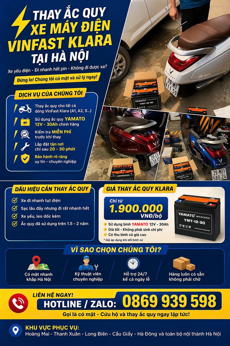 Thay ắc quy xe máy điện vinfast klara tận nơi tại nhà khu vực Hà Nội